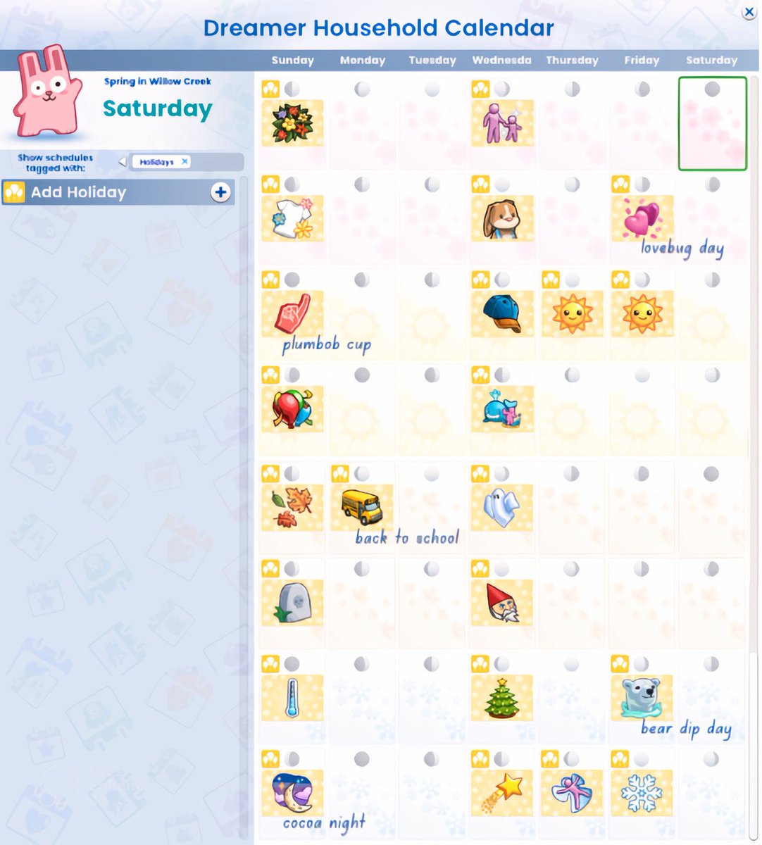 simsaribear's tweet image. finally finished my seasons calendar 🌤 love how it turned out 🩷

my save is vanilla, except for more selectable icons by zerbu 💫

left a few holiday hints... the rest you'll have to discover when the save releases, very very soon 👀

#sims #sims4 #thesims4 #savefile