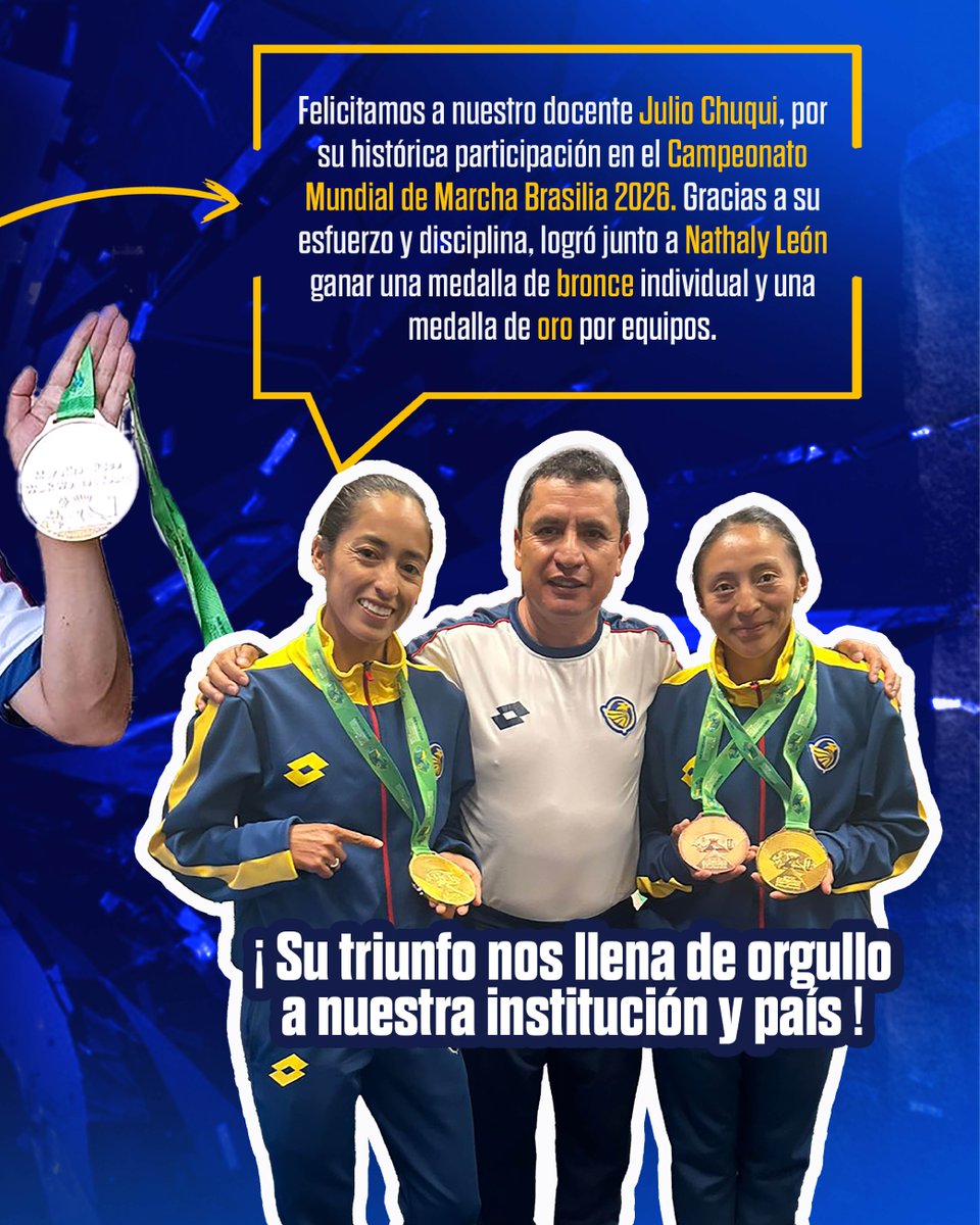 upsalesianaec's tweet image. 🥇 #OrgulloUPS | Felicitamos a Julio Chuqui, docente de la #UPS, y a Nathaly León por sus medallas de Oro y Bronce en el Mundial de Marcha Brasilia 2026.

Este triunfo es fruto de una formación de calidad, donde la academia y la disciplina deportiva se unen para alcanzar