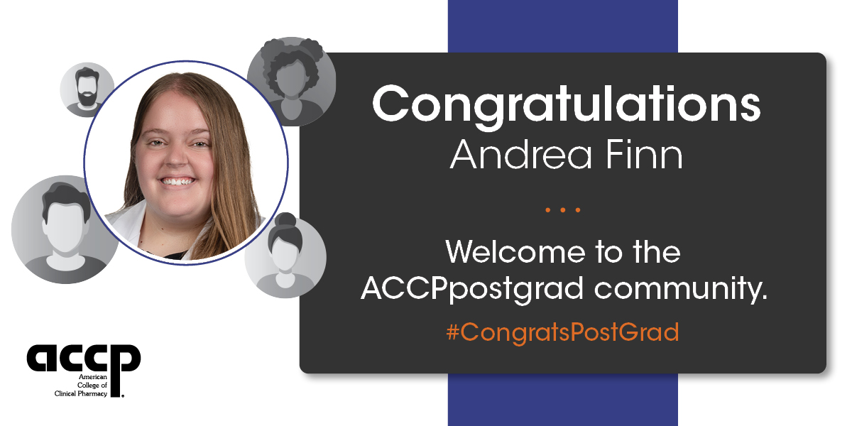 ACCPpostgrads's tweet photo. Congratulations Andrea Finn! The ACCPpostgrads community looks forward to supporting your pursuit of PGY1 pharmacy residency training at  VA North Chicago - Captain James Lovell Federal Healthcare Center.

#CongratsPostGrad #RxMatch2026 https://t.co/YGjtFEV1iG
