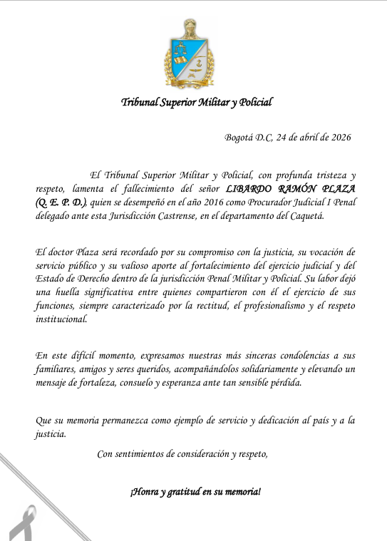 TribunalJPMPCol's tweet photo. Con profundo pesar, lamentamos el sensible fallecimiento del Señor Libardo Plaza. 

Expresamos nuestras más sinceras condolencias a sus familiares y amigos en este difícil momento. 

Descanse en paz. 🕊️ https://t.co/PxOIIHpXH1