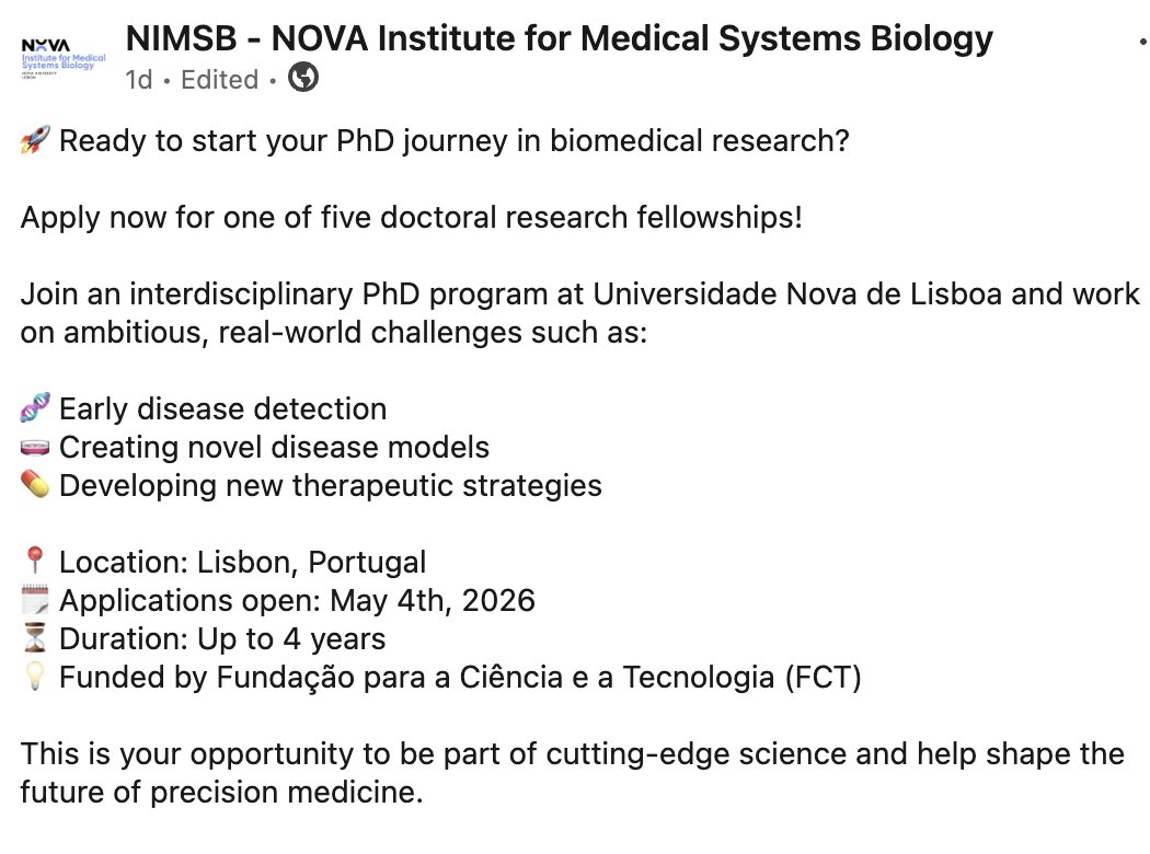 gomez_mariscal's tweet photo. Want to do a PhD in biomedical research and explore the exciting world of AI, microscopy+cell biology?👾🧫🔬 In a🔝research environment🌟 and beautiful Portugal🏄🌸?
PhD fellowships open at @NIMSB_NOVA (May-4 til June-5) 👉 APPLY https://t.co/OUuOAE83GP Reach out if interested!✉️ https://t.co/7i6LXejgNe