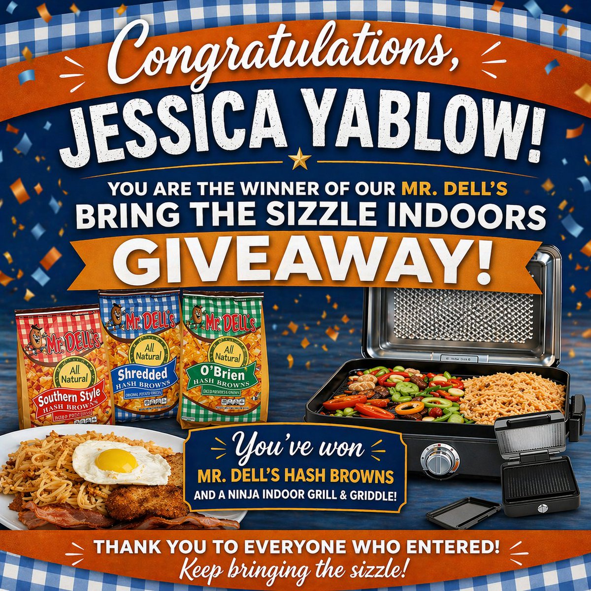 🥔 We Have a Winner! 🎉 Congrats Jessica Yablow — winner of our Bring the Sizzle Indoors Giveaway! 🎁 Mr. Dell’s Hash Browns + Ninja Indoor Grill &amp; Griddle. Enter our NEW contest woobox.com/gf83sq  One ingredient. Endless possibilities. #MrDells #GiveawayWinner #HashBrowns