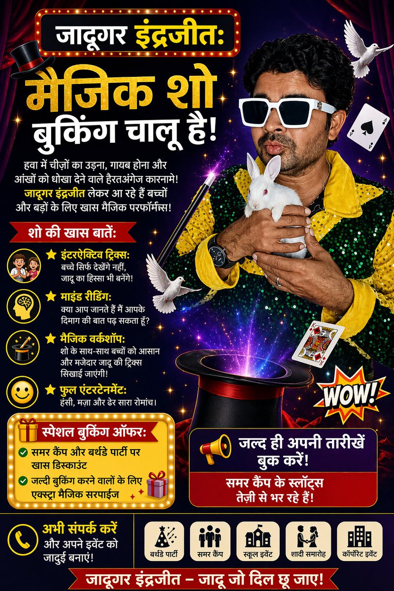 jadugarindraje's tweet image. ✨ जादूगर इंद्रजीत: मैजिक शो बुकिंग चालू है! ✨

हवा में चीज़ों का उड़ना, गायब होना और आंखों को धोखा देने वाले हैरतअंगेज कारनामे! जादूगर इंद्रजीत लेकर आ रहे हैं बच्चों और बड़ों के लिए खास.
#MagicShow #KidsEntertainment #indrajeetjadugar  #SummerCamp #LiveMagic