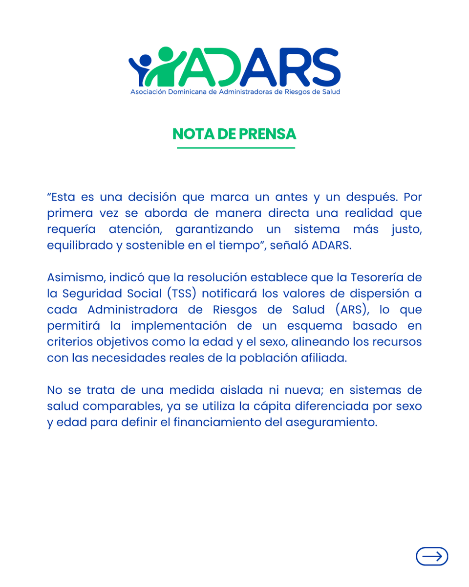 ADARS_RD's tweet photo. 📢 ✅ La implementación del modelo de per cápita ajustado por riesgo en el Régimen Contributivo del Seguro Familiar de Salud está prevista a partir del 1ro de mayo 2026, conforme a lo establecido en la resolución del CNSS.
#ADARS #PerCápitaAjustadoPorRiesgo #CNSS #ReformaSalud https://t.co/Gph3eLDTdS