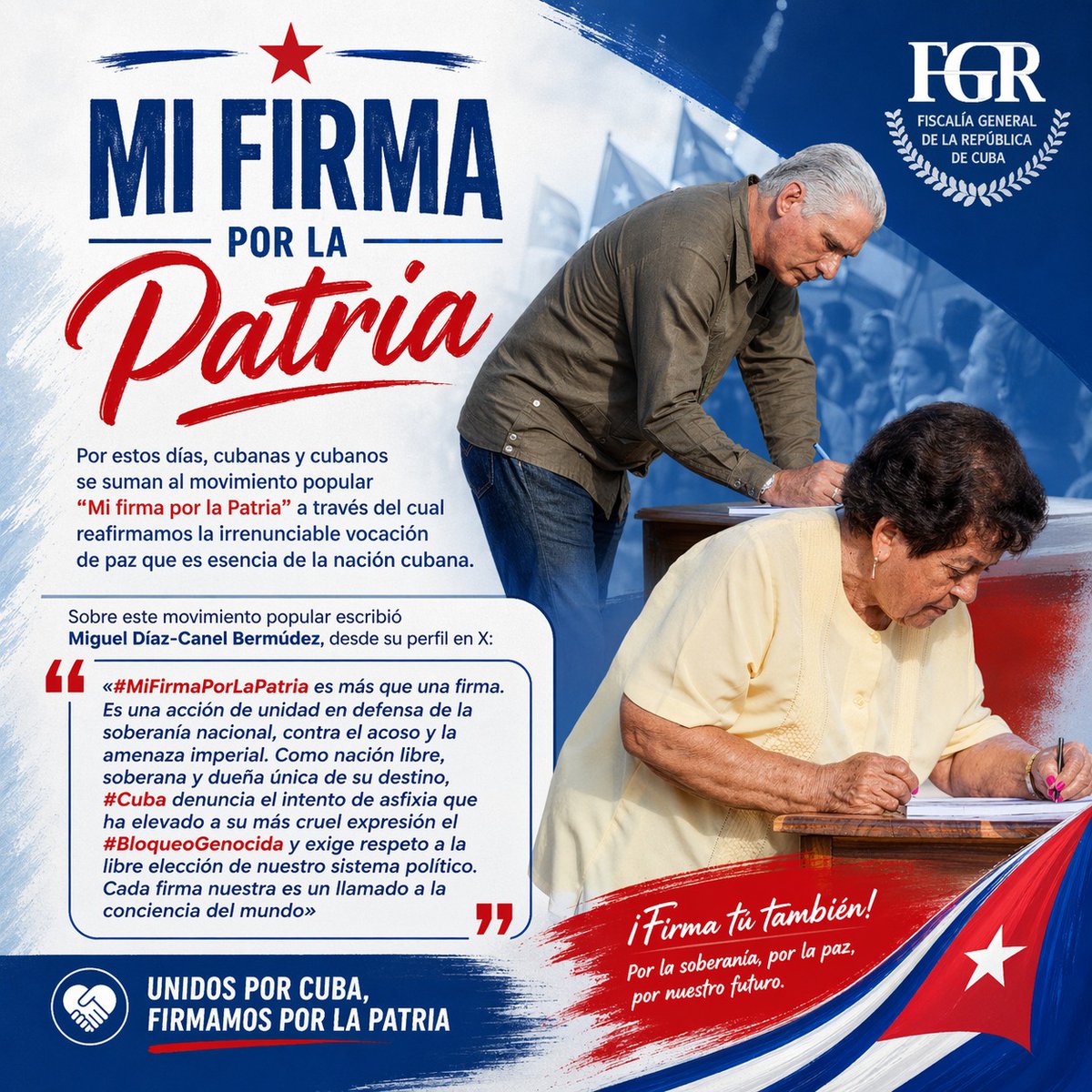 <a href="/DiazCanelB/">Miguel Díaz-Canel Bermúdez</a> | «#MiFirmaPorLaPatria es más que una firma. Es una acción de unidad en defensa de la soberanía nacional, contra el acoso y la amenaza imperial»

#FiscalíaCubana