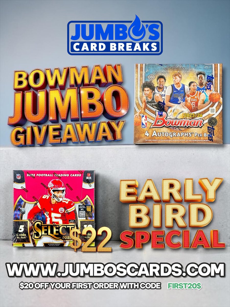 JumboSc21's tweet image. Breaks are LIVE on the site! 🤩 Grab an early bird special $22 spot in our Select break tonight! 🔥 Plus, make qualifying orders to be entered into our Bowman Jumbo Box giveaway! 🤑 #SportsCards #JumbosCards #Topps #Fanatics #FYP