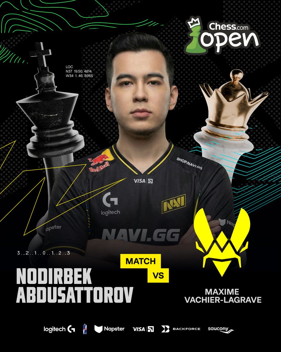 NAVIChess's tweet photo. The final hurdle of the day! Standing between Nodirbek and his #EWC2026 goal is France’s @Vachier_Lagrave from Team Vitality. It’s a must-win to advance to the next day of https://t.co/bvPmBAUD08 Open 2026. #navination https://t.co/uelkKngxZR