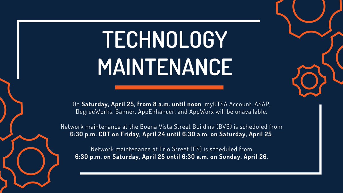 UTS_UTSA's tweet image. Heads up 'Runners! Some key technology maintenance is taking place this weekend.

Thank you for your patience! #TechSolutions #TechCafé