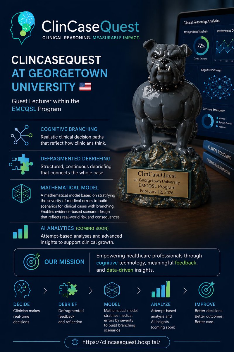ClinCaseQuest's tweet photo. ClinCaseQuest at Georgetown University 🇺🇸

We were honored to contribute to the EMCQSL Program at Georgetown University as a guest lecturer — a space where clinical quality, patient safety, and leadership come together.

This experience once again confirmed an important idea:
clinical reasoning is not just about the final diagnosis — it is about the pathway of thinking.

At ClinCaseQuest, we focus on making this pathway visible and measurable through:

🔹 Cognitive Branching — reflecting real clinical decision-making trajectories
🔹 Defragmented Debriefing — continuous feedback integrated within the scenario
🔹 Mathematical Model — stratifying the severity of medical errors to build meaningful branching scenarios
🔹 AI Analytics (coming soon) — attempt-based analysis to understand how decisions are made, not just their outcomes

We are deeply grateful to the EMCQSL community for meaningful discussions, trust, and collaboration around patient safety and learning from errors across institutions and borders.

Special thanks for the symbolic recognition — a reminder of strength, resilience, and commitment to better clinical decisions.

🌐 https://t.co/rUOMajftC0

#ClinCaseQuest #ClinicalReasoning #MedicalEducation #PatientSafety #Simulation #HealthcareInnovation #LearningFromErrors #GeorgetownUniversity #EMCQSL