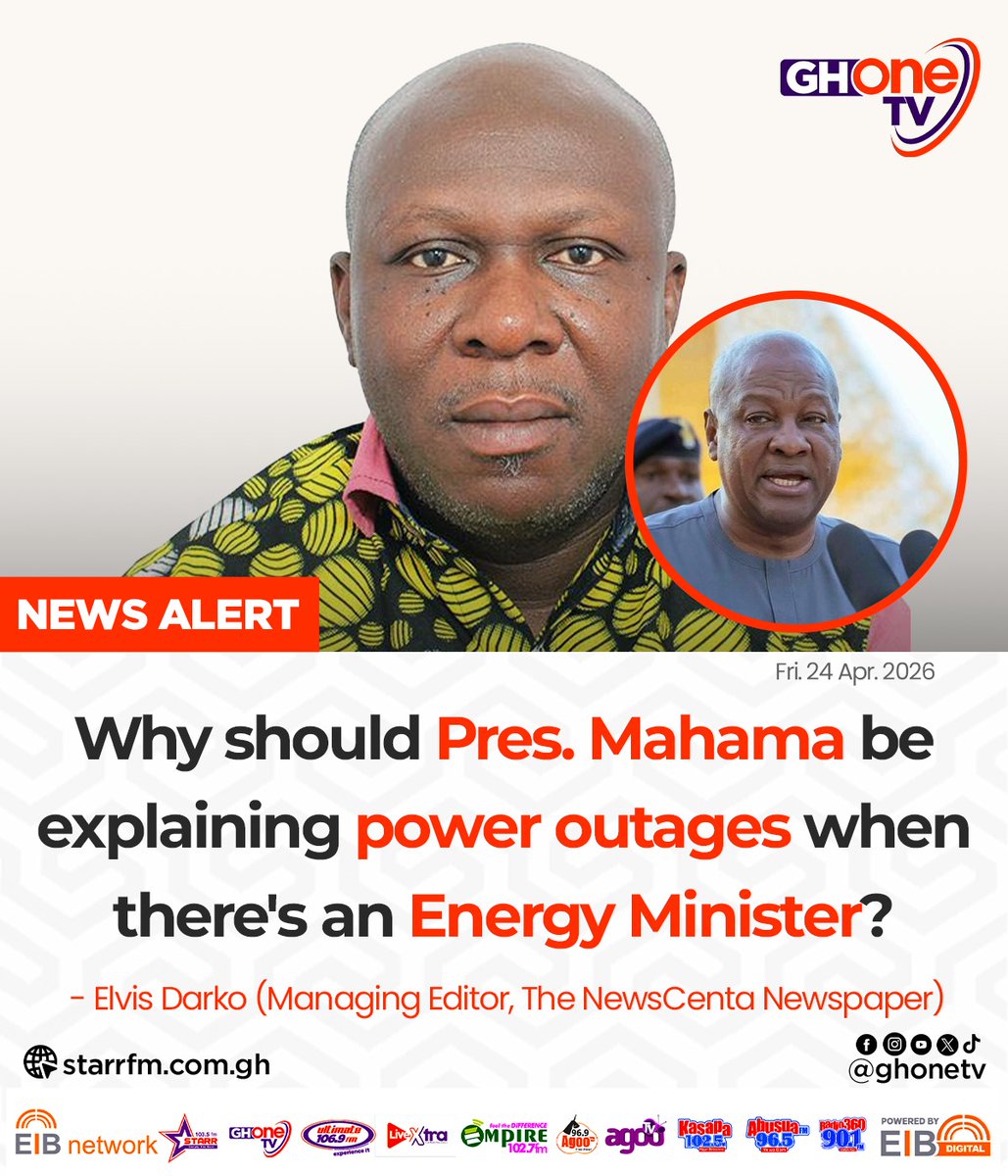 ghonetv's tweet photo. Why should Pres. Mahama be explaining ower outages when there's an Energy Minister... - Elvis Darko (Managing Editor, The NewsCenta Newspaper) 

#GHToday 
#GHOneNews #EIBNetwork 
#GHOneTV #NewsAlert https://t.co/UZaBDLWSh2