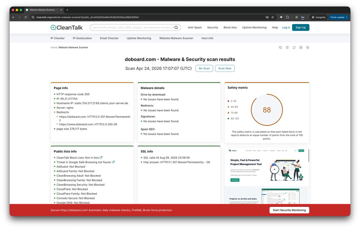 cleantalkcloud's tweet photo. We've updated our online Security Scanner for websites https://t.co/NS8J2UdO89

It now has a fresh new look, an improved Safety Metric, and a new check for potential SEO spam - when website content differs for regular visitors and search engine bots.

Run a scan today to make sure your #website is clean and #malware free https://t.co/YdKOjUJq6g