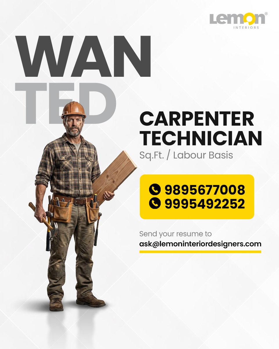 LemonInterior's tweet image. ആവശ്യമുണ്ട് - Carpenter Technicians 🔨 
📐 Sq.Ft / Labour Contract Basis
📲 Contact: 9895677008 / 9995492252

Join Lemon Interiors and work with a professional team.

#Hiring #CarpenterJobs #KeralaJobs #LemonInteriors #JobOpportunity #SkilledWorkers