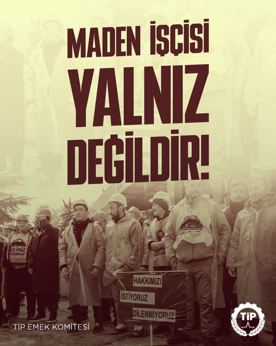 TipEmek's tweet photo. Sözümüz de, Yüreğimiz de, İrademiz de Maden İşçisinden Yana!

Başkentin göbeğinde onlarca maden işçisi, sadece alın terlerinin karşılığını istedikleri için tam beş gündür açlık grevinde.

Tüm parti örgütlerimiz ve Genel Başkanımız Erkan Baş ile birlikte bu onurlu direnişe, açlık grevine destek veriyoruz. 

Maden işçisi hakkını alana dek bu direnişi büyütecek, omuz omuza durmaya devam edeceğiz.

Dün yanlarındaydık, bugün buradayız, yarın da bir arada olacağız. Bu ülkenin onurlu işçileri haklarını mutlaka ama mutlaka alacak!
