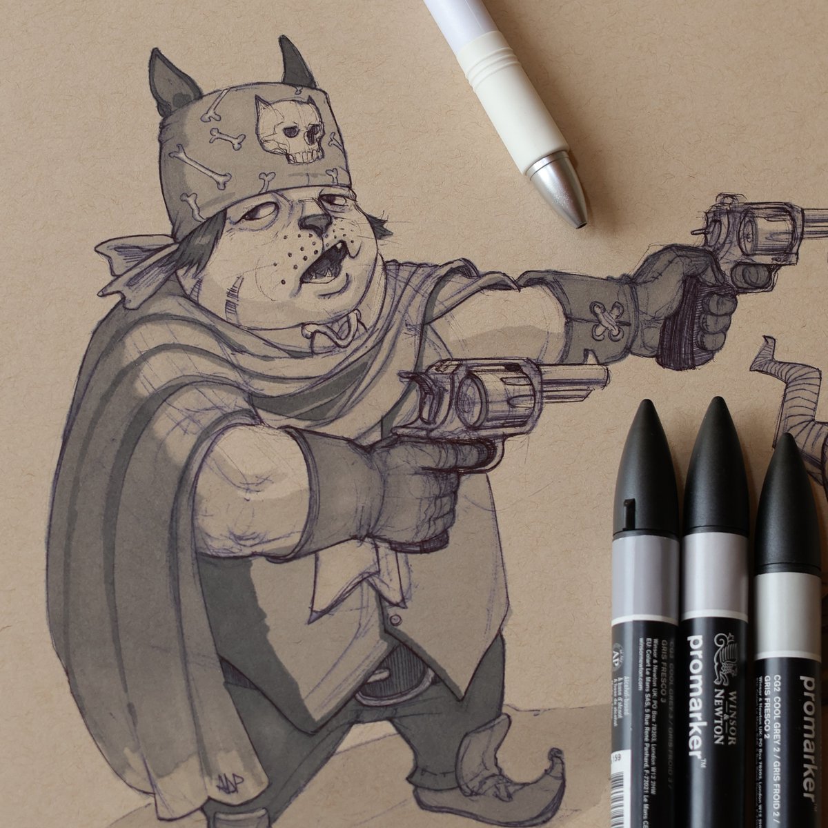 AndyDePooter's tweet photo. Cat and mouse standoff. Ballpoint pen &amp; markers.

Haha, I had no idea where this was going when I started. I just knew I wanted to draw a cat doing something, but that was it. The mouse character was an afterthought. #sketchbook https://t.co/zBRjuztJKX
