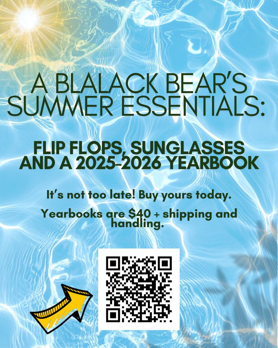 BlalackMS's tweet photo. Sunscreen? Check. Sunglasses? Check. The 2026 Yearbook?...
Don’t let your memories fade like a summer tan. Order yours today!

(Email essexv@cfbisd.edu if you need to confirm whether or not you have ordered one) https://t.co/Nc2RGzPFTV