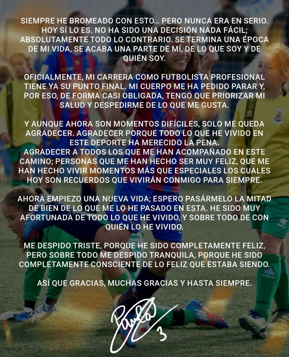 Paula Tomás, futbolista del Aston Villa y exjugadora del Levante, anuncia su retirada. Con 24 años. 

“Mi cuerpo me ha pedido parar y, por eso, de forma casi obligada, tengo que priorizar mi salud y despedirme de lo que me gusta”.