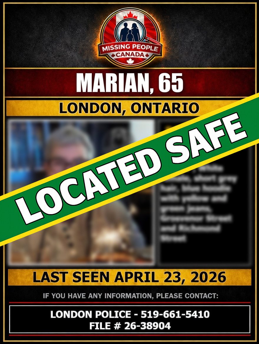 ✅ LOCATED SAFE – MARIAN

Marian, 65, who was reported missing in London, Ontario, has been located safe.

Thank you to the community for your assistance.

#LocatedSafe #Marian #London #Ontario #MissingPersonLocated #MissingPeopleCanada