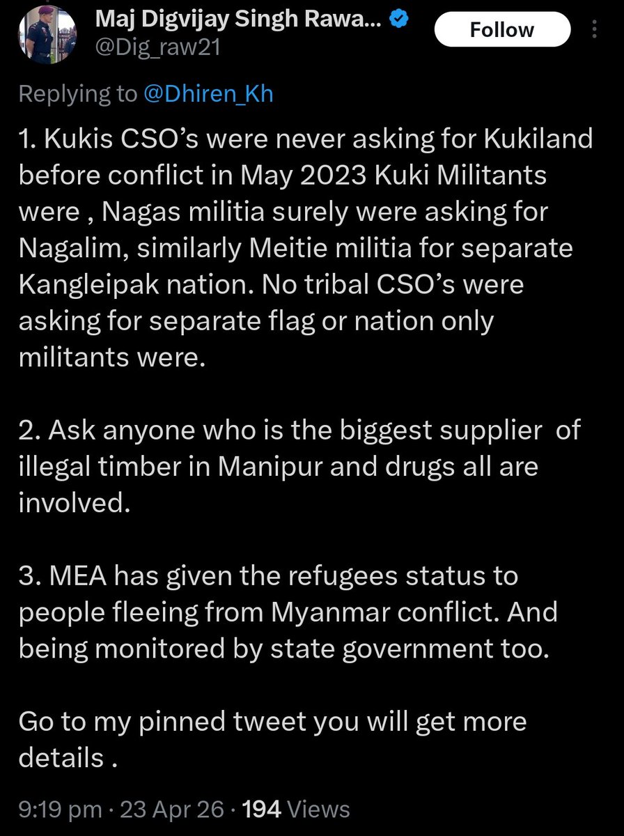 IndianMeitei's tweet image. Major, being a Kirti Chakra hero doesn't make you a historian/political analyst.

The @HMOIndia knows "Kukiland" demands aren't new, they’ve seen the memos for decades.

And Bharat doesn’t recognize "Refugees"; they’re illegal migrants.
Facts, not fiction. 🇮🇳
#IndianArmy