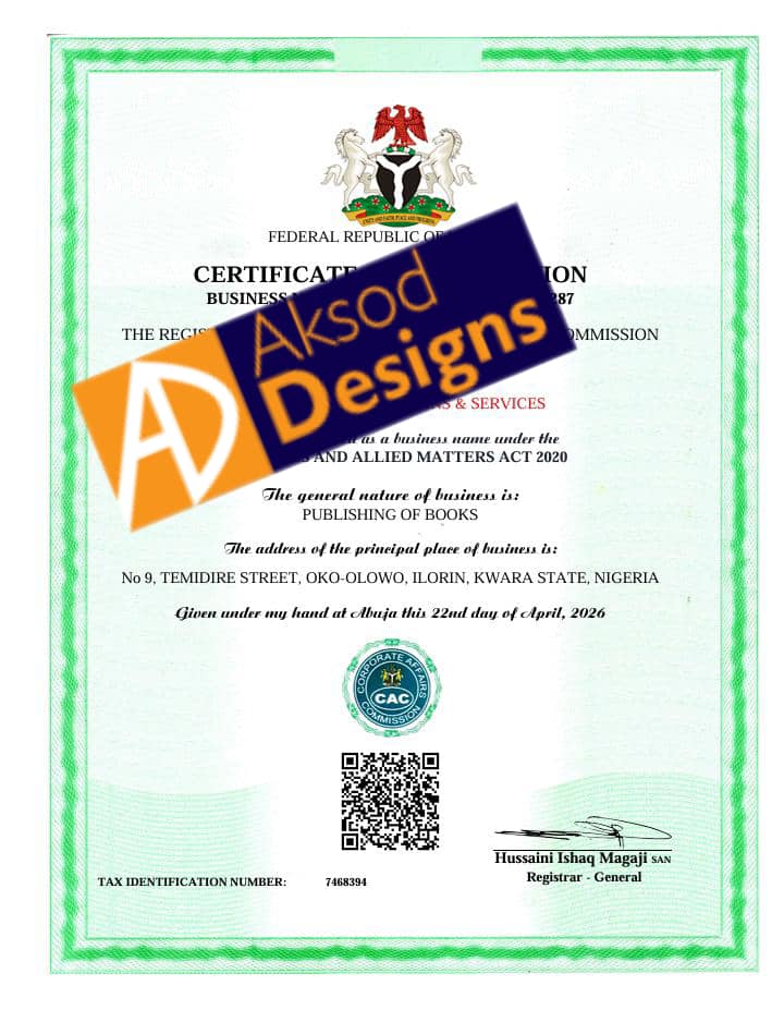 AksodDesigns's tweet photo. AlhamduliLlāh! A Publication Brand got successfully registered with CAC few days ago, and now, they can operate legally. To get your Business/Company/NGO registered also, contact us now on: https://t.co/VwPvD7aD7I

#cacregistrationng #cacregistration #cacannualreturns #cacbusines https://t.co/a26BkmNmtB