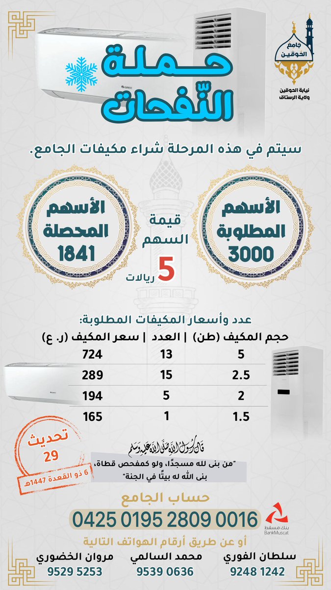 JAlhoqain's tweet photo. *تحديث 29*

حملة *"النفحات"* لشراء مكيفات جامع الحوقين

الحمعة 6 ذو القعدة 1447هـ

🕌 *جامع الحوقين* https://t.co/KmrOXZSUr0