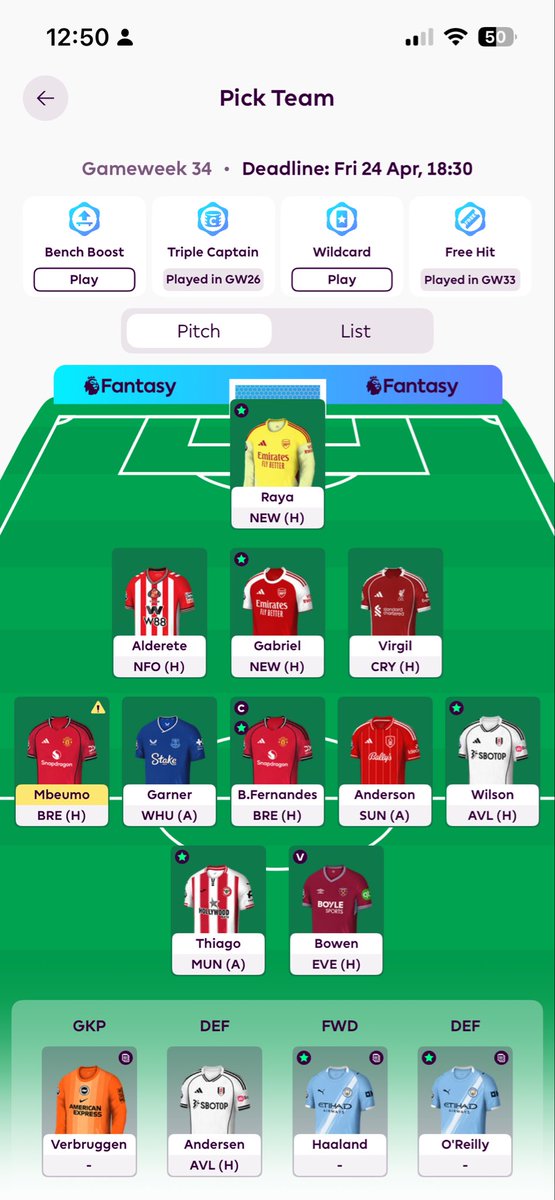 FPL_Giant5's tweet photo. No FH, rolling with this 👇  

2FT saved for a big WC next week 🔄  

Currently 55k OR 🌍  

Captain on Bruno, good move or better options?

What would you change?  

#FPL https://t.co/plwPxXPyUL