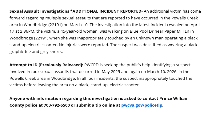 PWCPolice's tweet photo. *Update: An additional victim has come forward regarding multiple sexual assaults that are reported to have occurred in the Powells Creek area in Woodbridge (22191) on March 10. More info; https://t.co/eKBazzTnVu