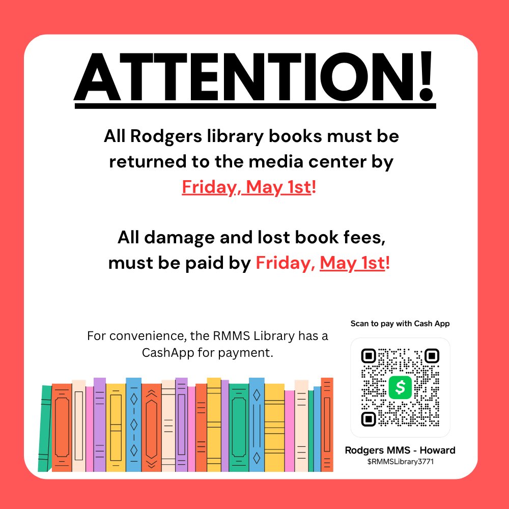 RodgersRays's tweet photo. If your student has library materials or fines, please be advised that all books and fees must be paid by Friday, May 1st. 8th grade students are NOT exempt as their library record will transition with them to high school. Questions, please contact Ms. Howard. https://t.co/mcueTJjAMu