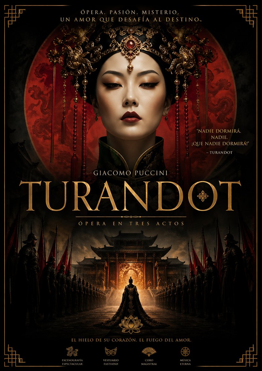SolverProd's tweet photo. En una antigua China, la princesa Turandot impone pruebas mortales para evitar el amor. El príncipe Calaf logra vencer sus enigmas, pero el sacrificio de Liú y la fuerza del amor transforman el corazón de la princesa. Al final, Turandot descubre no solo un nombre, sino el Amor. https://t.co/tMufx7OB6M