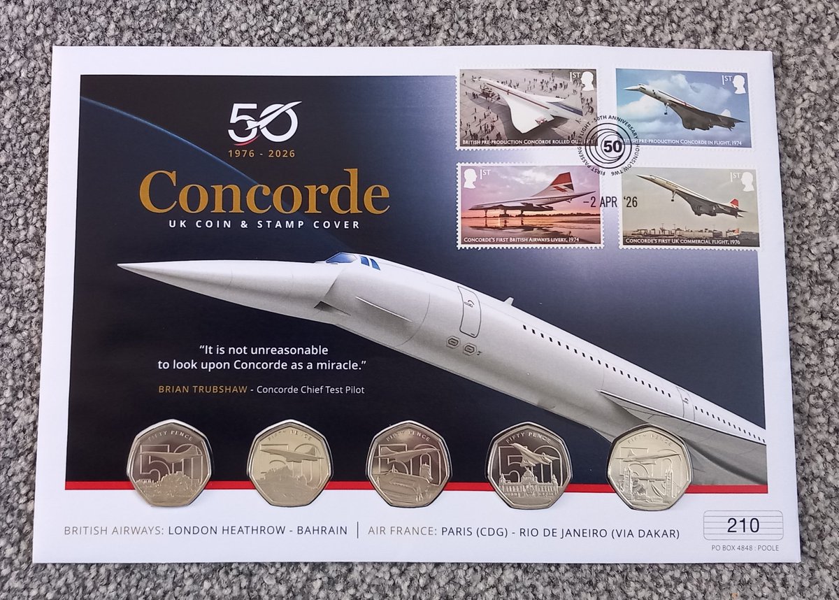 The50pC's tweet photo. #The50pCollector says.. Also got this  today, the 2026 Bailiwick of Jersey 5 coin FDC 50 years of Concorde BUNC cupro Nickel set.
Will probably be breaking the coins out into capsules if anybody wants the stamps! https://t.co/P4KXzyD6GM