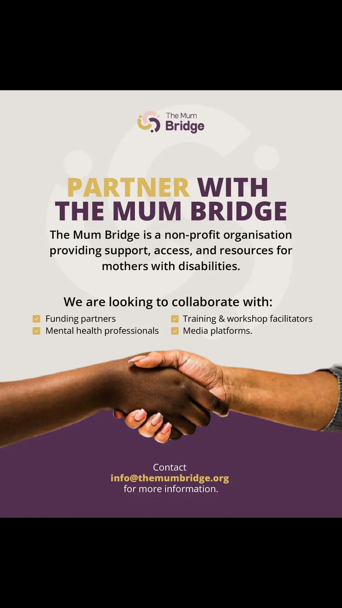 themumbridge's tweet photo. The Mum Bridge is looking for partners who are ready to make a difference. 
We support mothers with disabilities and we are seeking funding partners, mental health professionals, workshop facilitators, and media platforms to collaborate with.
Let us connect
info@themumbridge.org https://t.co/AmCJjKI8DV