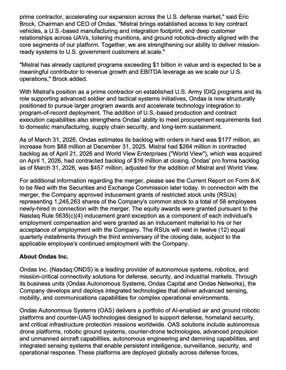 $ONDS
Ondas Completes Merger of U.S. Defense Prime Contractor Mistral, Brings Programs in Excess of $1 Billion and Expands Direct Prime Participation Across U.S. Department of War Programs

⚡️Establishes Direct Access to U.S. Army and Special Operations IDIQ Contract Vehicles and