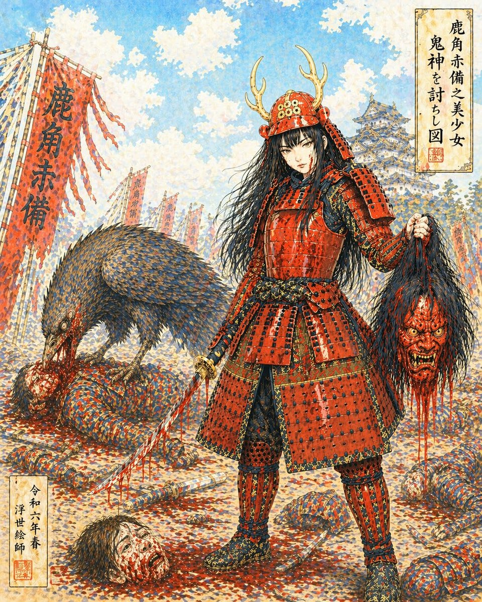 OKMETAL2's tweet image. The girl who defeated the demon god.
The battlefield fell silent…
Only two were still moving.
Her.
And a crow.
#AIart #Samurai #Ukiyoe #DarkFantasy