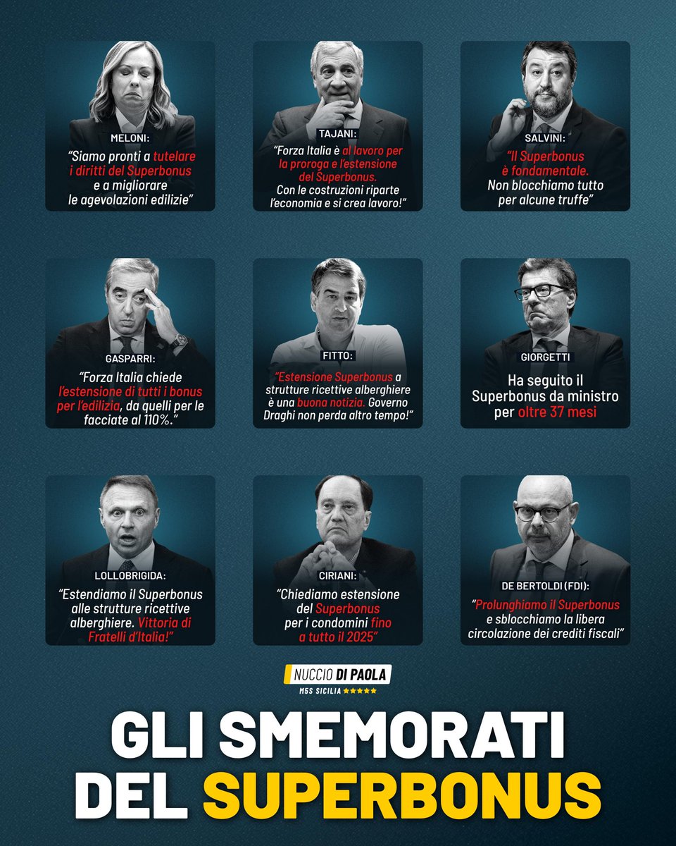 Meloni, Salvini, Tajani, Giorgetti, Lollobrigida, Gasparri, cosa hanno in comune? Sono gli smemorati del superbonus. Sono gli stessi che lo esalvatavano a parole e adesso lo criticano. Internet non dimentica, chi governa facendo propaganda invece... 
PS: la lista degli incoerenti