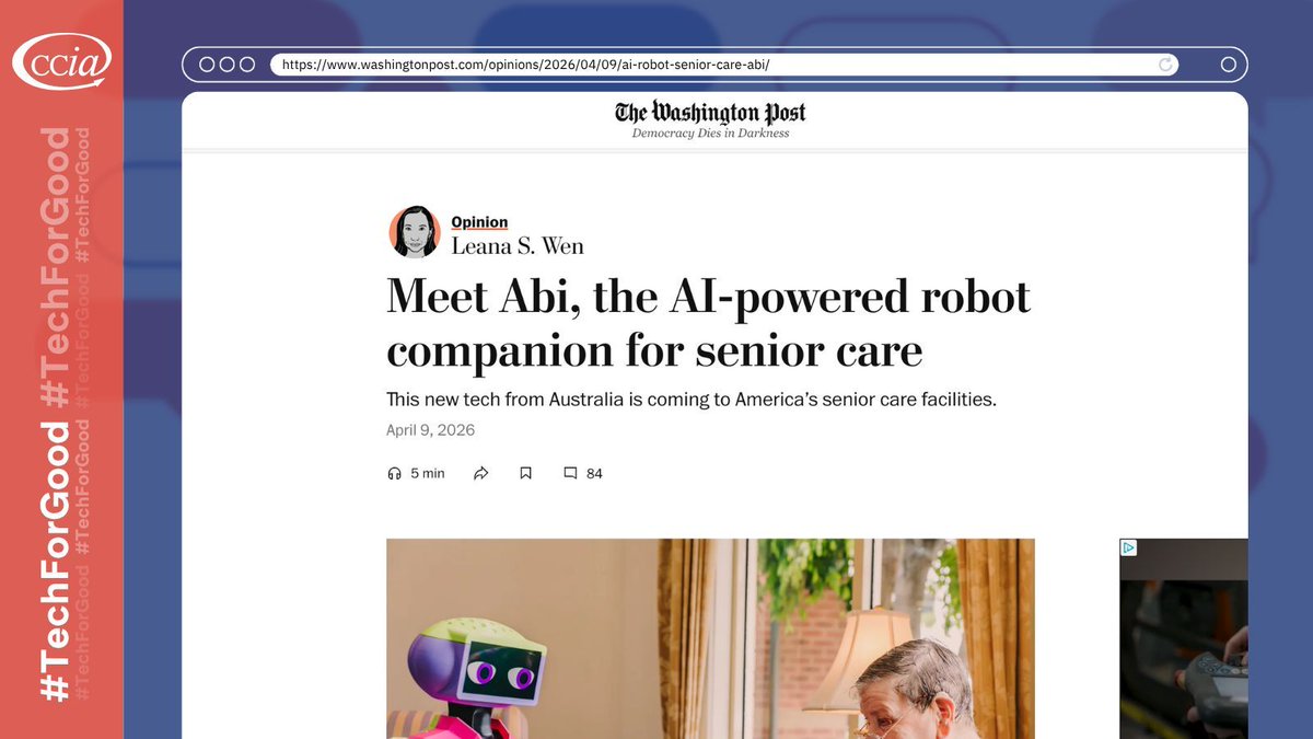 ccianet's tweet image. Companionship and daily support are getting a high-tech boost. As highlighted by @washingtonpost, innovative AI robots are transforming senior care, offering a promising glimpse into the future of reliable, empathetic assistance for older adults. #TechForGood