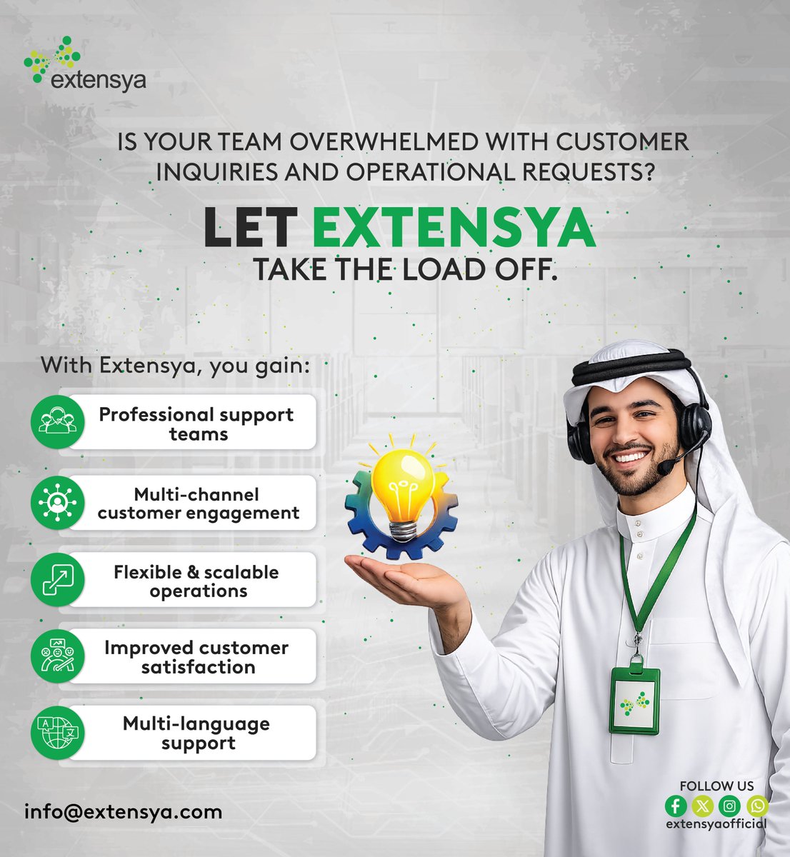extensya's tweet photo. Is your team overwhelmed with customer inquiries and operational requests?

Let Extensya take the load off.

We help companies streamline their customer interactions and business processes with scalable outsourcing solutions and advanced contact center technology.

With Extensya, you gain:

✔ Professional support teams
✔ Multi-channel customer engagement
✔ Flexible and scalable operations
✔ Improved customer satisfaction
✔ Multi-Language support

📩 Contact us today to explore how we can support your business growth.

#Extensya #CustomerExperience #OutsourcingSolutions #LeadGeneration #BusinessSupport #BPO