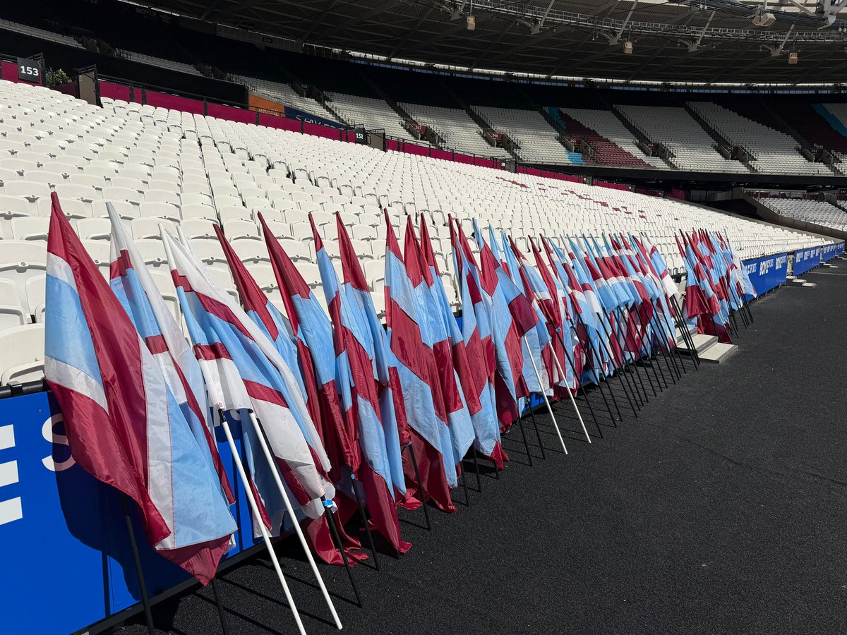 IWA1895's tweet photo. UPDATE! 📣

Following the successful and very well received flag display in the FA cup game vs Leeds, we're excited to announce that we will be DOUBLING the number of flags for the Everton game on Saturday, and expanding the display area to over half of the Bobby Moore Lower stand.

Another small step forward. We are determined to continue growing, to lift spirits, put smiles on faces and improve the atmosphere. 

Everything we do is fan funded, designed and organised, and wouldnt be possible without our dedicated members and donations from our incredible fan base.

Tomorrow is gigantic. Three points is a must. Let's make it claret and blue. Lets get the stadium rocking. ⚒️