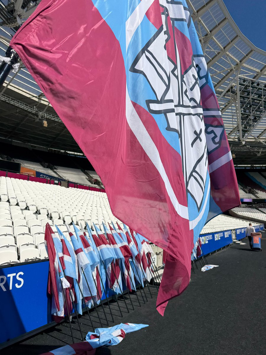 IWA1895's tweet photo. UPDATE! 📣

Following the successful and very well received flag display in the FA cup game vs Leeds, we're excited to announce that we will be DOUBLING the number of flags for the Everton game on Saturday, and expanding the display area to over half of the Bobby Moore Lower stand.

Another small step forward. We are determined to continue growing, to lift spirits, put smiles on faces and improve the atmosphere. 

Everything we do is fan funded, designed and organised, and wouldnt be possible without our dedicated members and donations from our incredible fan base.

Tomorrow is gigantic. Three points is a must. Let's make it claret and blue. Lets get the stadium rocking. ⚒️