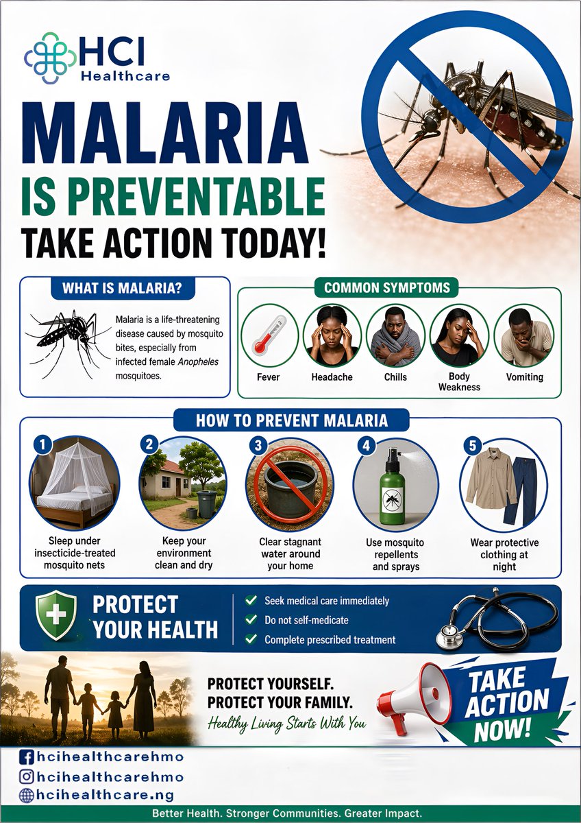 HealthcareIntl_'s tweet photo. Malaria is preventable.
Sleep under insecticide-treated nets, eliminate stagnant water, and seek early treatment.
Let’s act now. 
#EndMalaria
#MalariaAwareness #PublicHealth #StopMalaria #HealthForAll #PreventionFirst #AfricaHealth #GlobalHealth https://t.co/6GtoLc2sr0