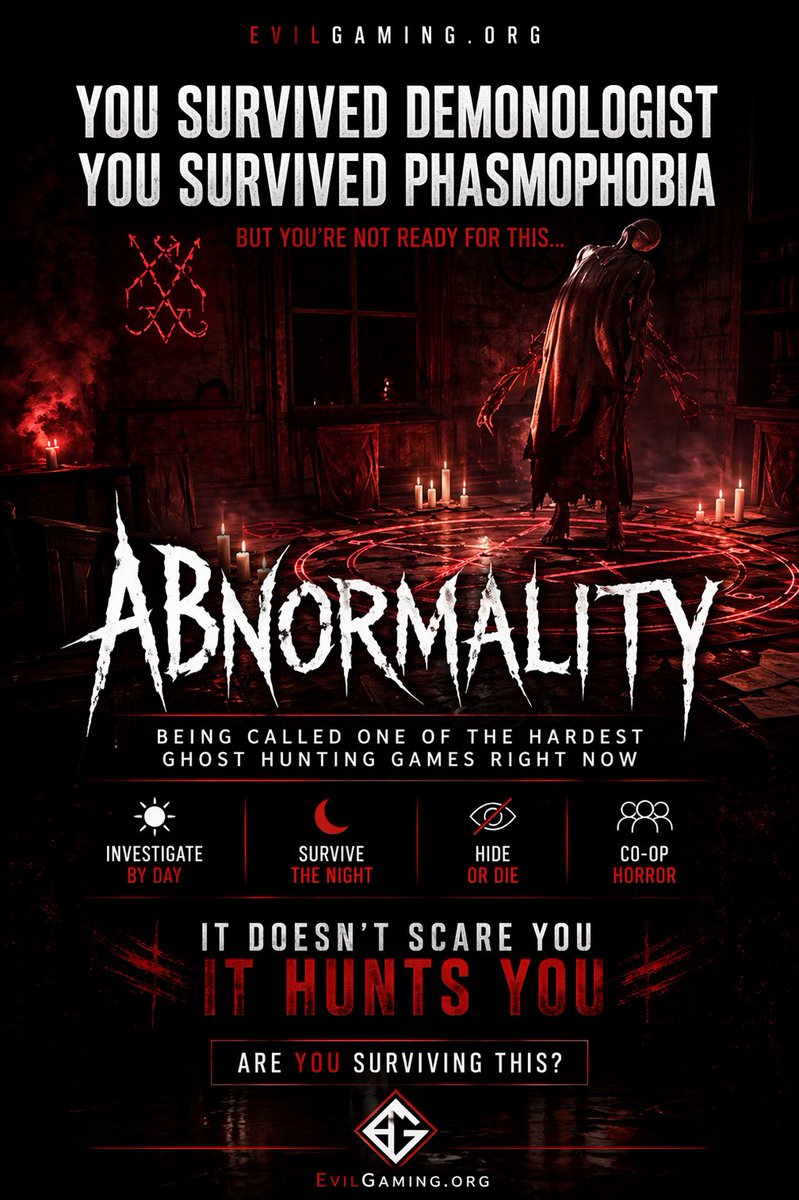 EvilGaming_Org's tweet photo. You survived Phasmophobia…
You made it through Demonologist…

But that was just the warm-up.

Now it gets real.

The new name being thrown around the horror scene right now?
Abnormality

And people are already calling it:
the hardest ghost hunting game of 2026.

Smarter entities.
Less forgiveness.
No hand-holding.

This isn’t just “hunt the ghost” anymore…
This is survive whatever is hunting YOU.

So here’s the real question 👇
**Are you actually built for this… or…..

Abnormality #HorrorGaming #GhostHunting #Phasmophobia #Demonologist