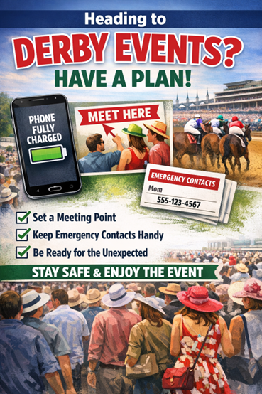 KyHomelandSec's tweet photo. Plan Before You Go

✅ Heading to Derby events? Have a plan. Taking a few moments to prepare before you arrive can make a major difference in your safety. Make sure your phone is fully charged, establish a meeting point in case your group gets separated, https://t.co/BGC8riayxs