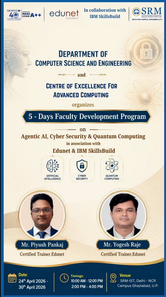 _Kumar_H's tweet photo. 5 days faculty development program (FDP) on Agentic AI, Cyber Security and Quantum Computing started today in our campus. https://t.co/zBMPSMXhMm