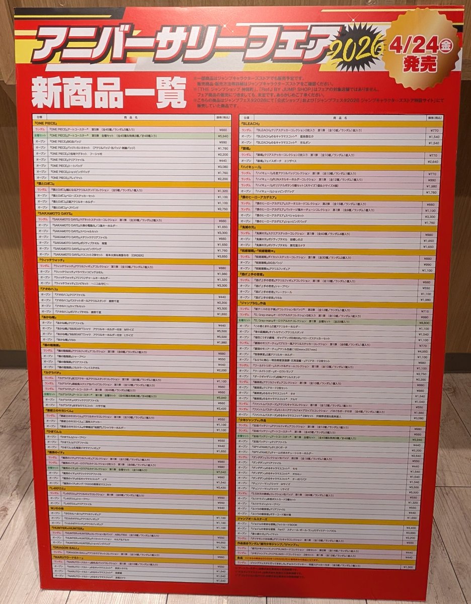 アニバーサリーフェア2026】 JUMP SHOP大阪心斎橋店 完売状況 4/24(金