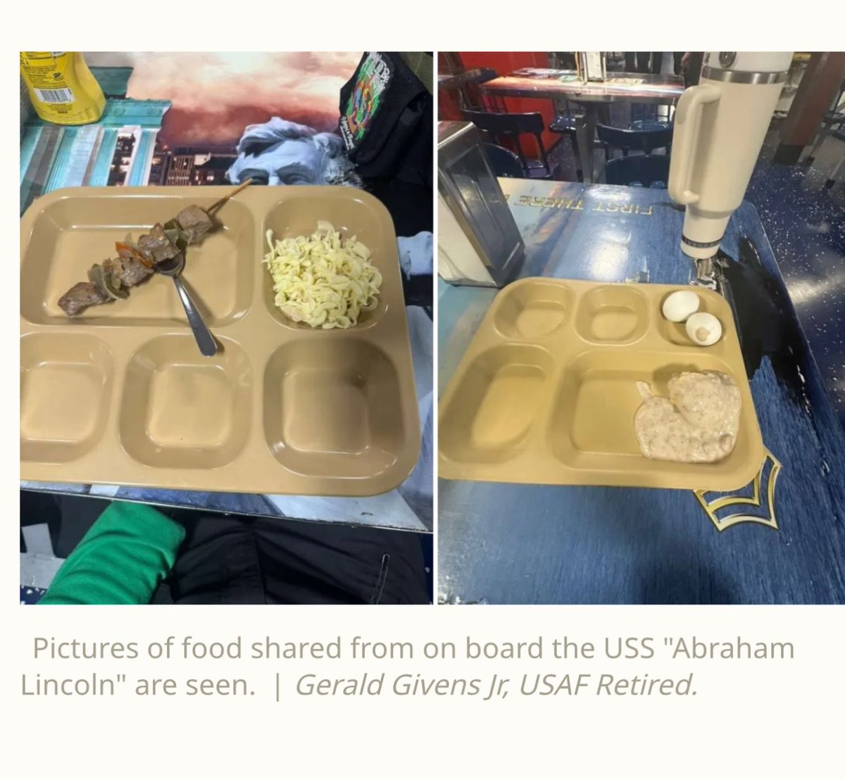 TheMaineWonk's tweet image. More images of the food being served to American military personnel are making the rounds.

These are from the USS Lincoln.

Source: @Newsweek