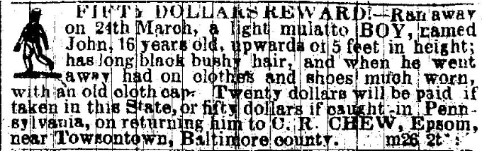 FromSlaves's tweet image. In March 1852, I fled from Chew's Epsom Estate near Towsontown, Maryland. Worn clothes, old cap, nothing else. Chew offered twice the reward if I reached Pennsylvania. I am young and my shoes are thin, but I am heading for the border. My name was JOHN. #MD #slavery #blackhistory