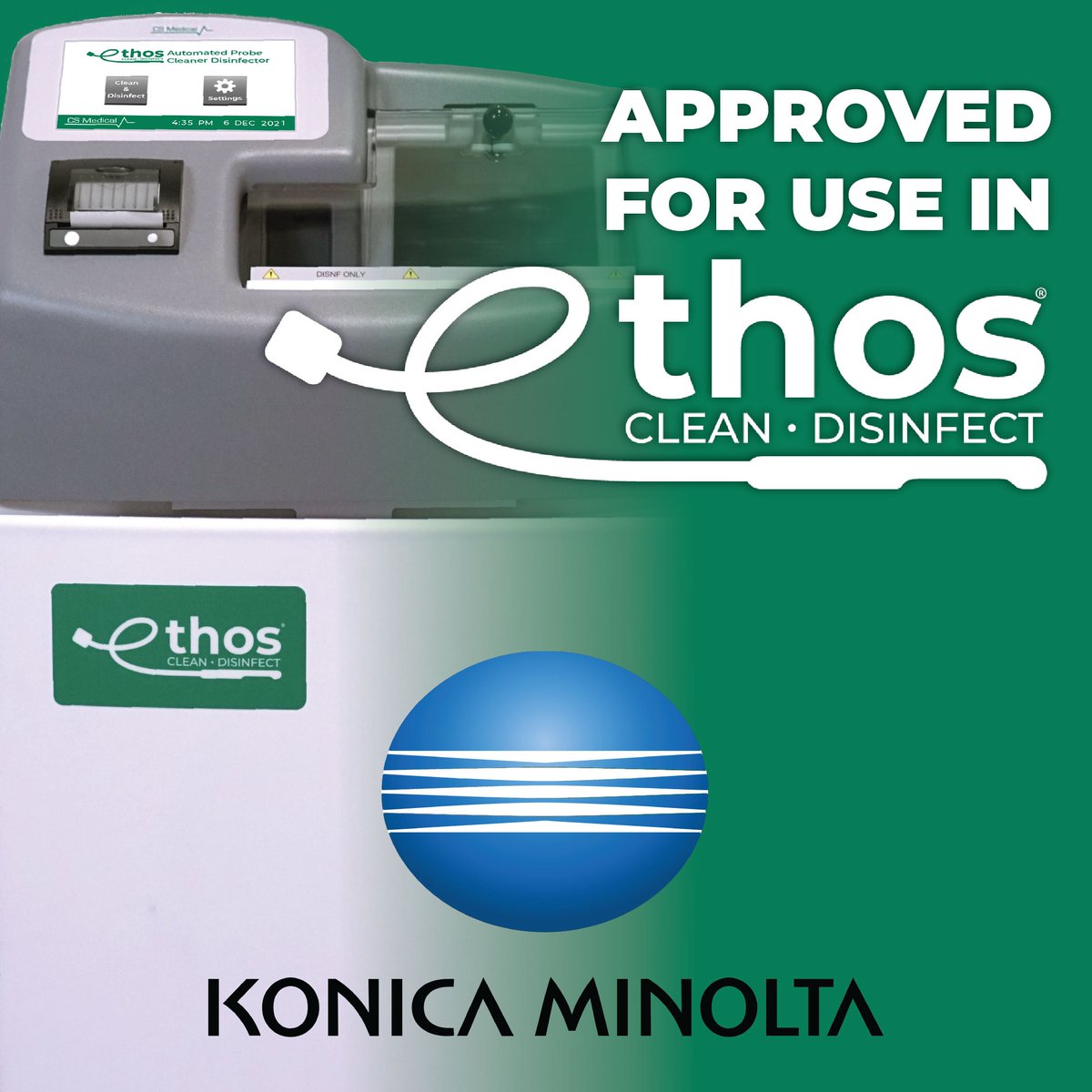 CSMedicalLLC's tweet image. Did you know @KonicaMinoltaMI probes are approved for use in Ethos®?

Automate cleaning and HLD with a standardized workflow that reduces variability and supports patient safety.

Learn more: hubs.li/Q04dl8s60

#InfectionPrevention #Ultrasound #HLD #PatientSafety