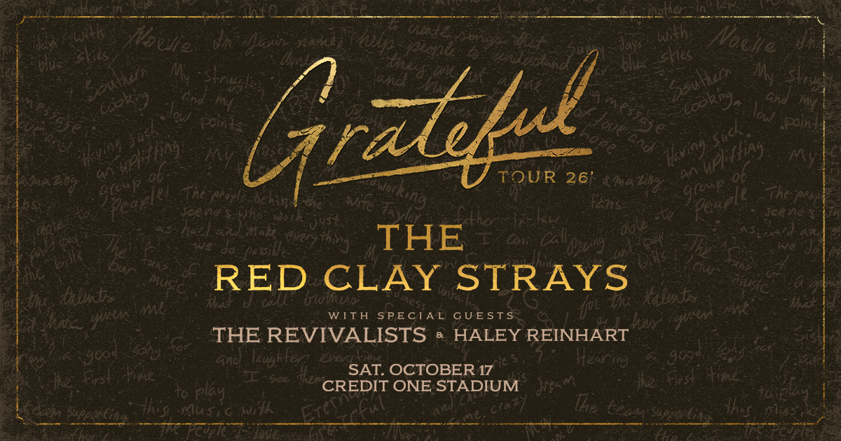 CreditOneStad's tweet photo. JUST ANNOUNCED 🎶

The Red Clay Strays are bringing their Grateful Tour to Daniel Island on Saturday, October 17th with special guests The Revivalists and Haley Reinhart.

Tickets go on sale Friday, May 1st — don’t miss your chance to be there. https://t.co/iL4zIiOQna