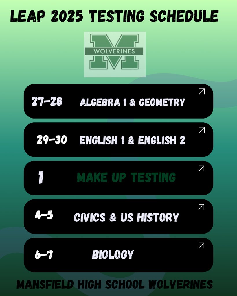 HighMansfield's tweet photo. 📚✨ Upcoming LEAP 2025 Testing at Mansfield High School ✨📚 https://t.co/hy0GhXL7zW