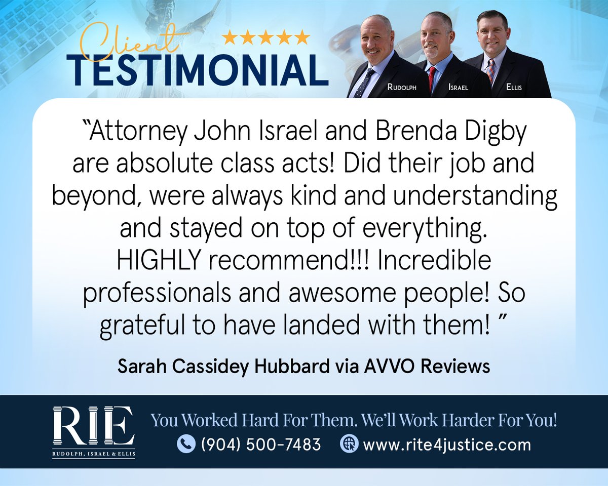 RIElawyers's tweet image. Thank you so much, Sarah, for your kind words! We’re truly honored by your trust and grateful for the opportunity to support you.

---
You Worked Hard For Them. We’ll Work Harder For You. Call us today: (904) 500-7483

#clientreview #jacksonville #florida #RIElaw