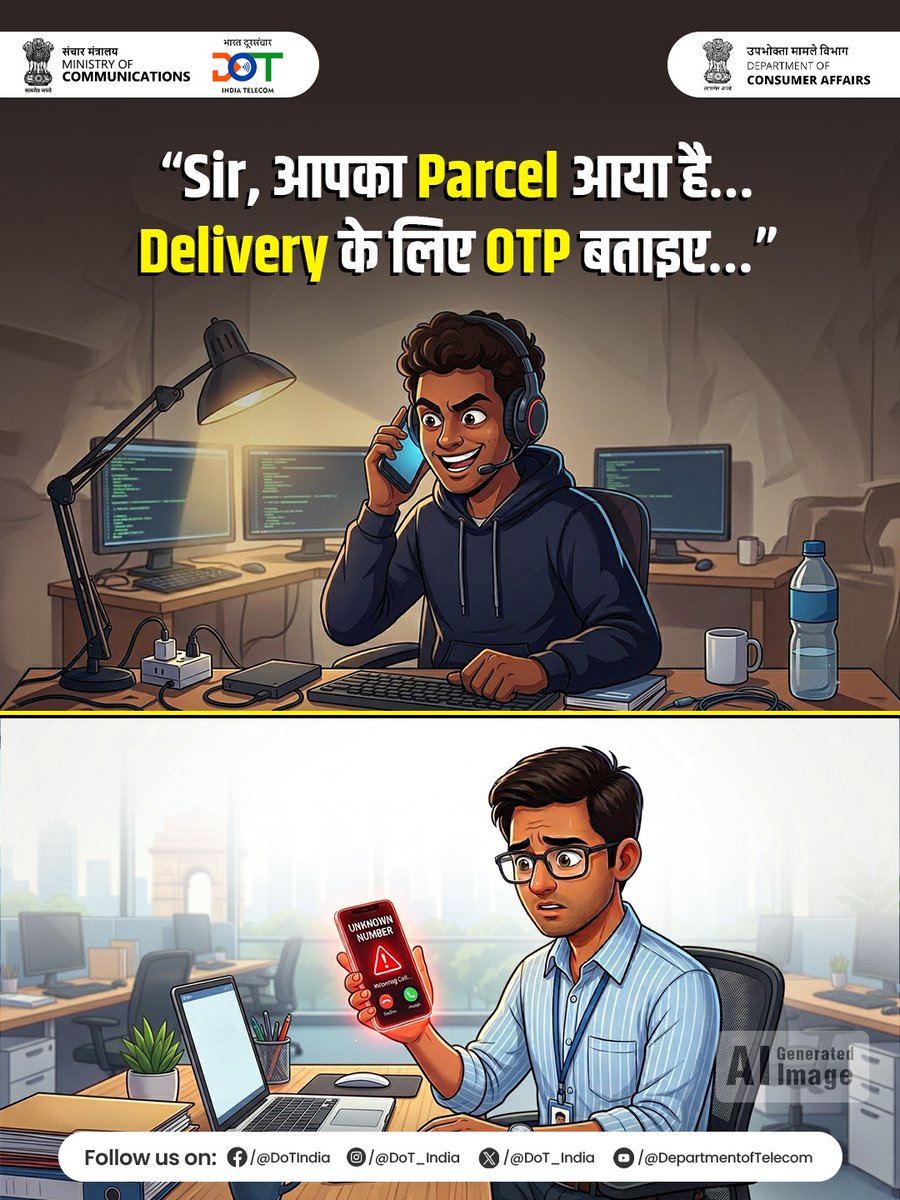 DoT_India's tweet image. जागो ग्राहक जागो!

बिना ऑर्डर के अगर कोई OTP माँगे, तो तुरंत मना करें। ऐसे फ्रॉड कॉल्स को पहचानें और Sanchar Saathi पोर्टल या ऐप पर तुरंत रिपोर्ट करें।

सतर्क रहें, सुरक्षित रहें—एक जागरूक ग्राहक बनें।

Download the Sanchar Saathi App now. 

#DoT #Telecom #JagoGrahakJago