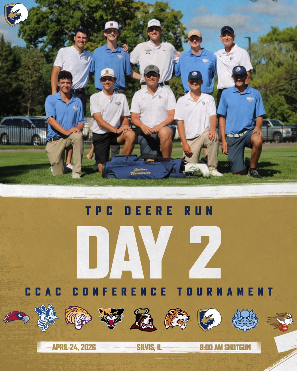 jueaglesgolf's tweet photo. Day 2. Time to finish what we started ⛳️

The Eagles are back at TPC Deere Run for the final round of the CCAC Conference Tournament 🦅

Locked in, focused, and ready to compete. Let’s go to work 🏌️

 #JudsonGolf #CCAC #FinalRound https://t.co/JUF3jcDj90